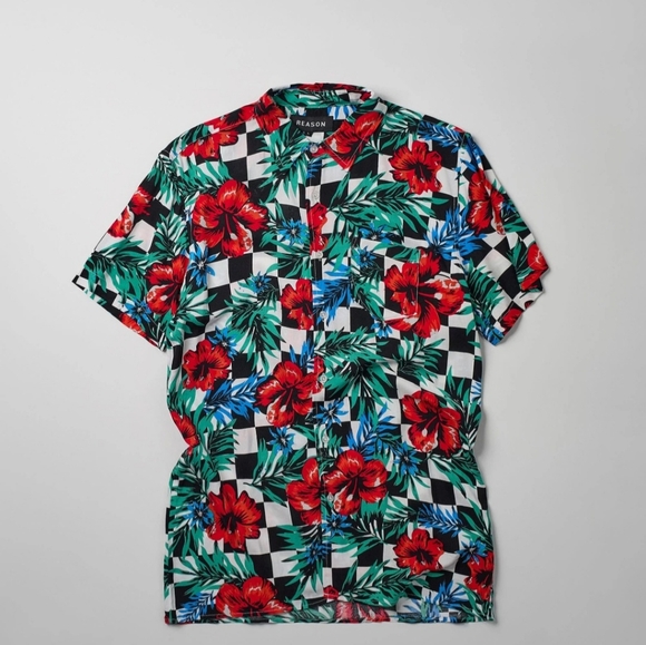Reason Other - Reason Brand Vibrant Floral Checkered Button Down Shirt NWT Size M BJ-2871